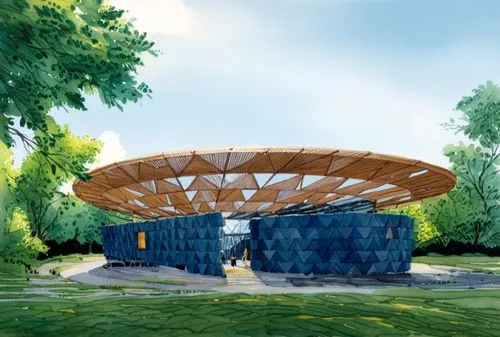 a large wood structure in the middle of a green park,3d rendering,solar cell base,auroville,sketchup,stargates,planetarium,biospheres,futuroscope,planetariums,water cube,earthship,cubic house,arcology