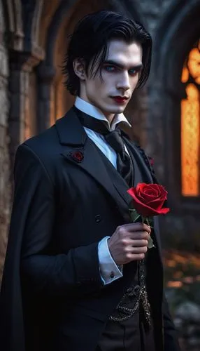 Handsome male vampire, pale skin, sharp fangs, piercing blue eyes, stylish black hair, red pupils, mysterious smile, black cape, Victorian-era inspired suit, white shirt, black tie, slender fingers, h