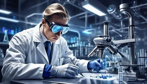 Futuristic laboratory, stable diffusion process, scientist in white coat, goggles, gloves, mixing chemicals, beaker, test tube, microscope, futuristic equipment, metallic surface, LED lights, dark blu