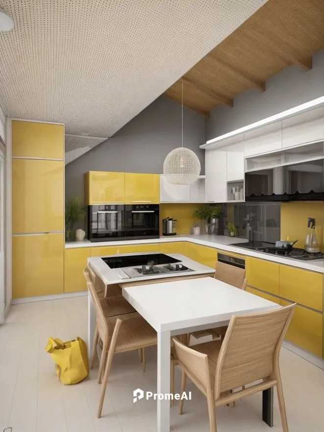 dark yellow kitchen doors , white ceiling,modern kitchen interior,kitchen design,modern kitchen,kitchen interior,tile kitchen,modern minimalist kitchen,big kitchen,interior modern design,chefs kitchen