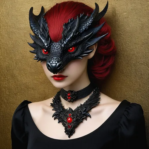 venetian mask,masquerade,gothic fashion,black dragon,gothic style,black-red gold,raven sculpture,red throat,headpiece,vampire lady,firebird,black swan,crow queen,gothic woman,masque,gothic portrait,black macaws sari,vampire woman,costume accessory,queen of the night,Illustration,Realistic Fantasy,Realistic Fantasy 08