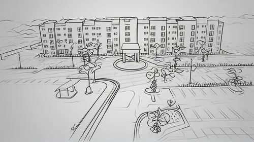 the pencil drawing shows a landscape in front of buildings,bikeways,cycleways,walkability,street plan,pedestrianisation,cohousing,Design Sketch,Design Sketch,Outline