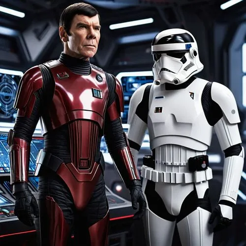 Star Wars Movie poster, A clone pilot in ARC-170 standing next to Spock from Vulcan, star wars, deathstar in back,a man is next to a robot that looks like star wars,stormtroopers,modernisers,dameron,c