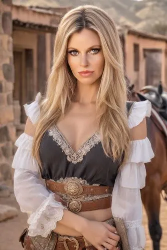 Woman on a rich ranch in Jalisco, Mexico. Rich style. Villain vibes, blonde hair,a woman in a pirate outfit posing with her horse,arabian,cirta,horsewoman,polyxena,murrieta,jaina,Photography,Realistic