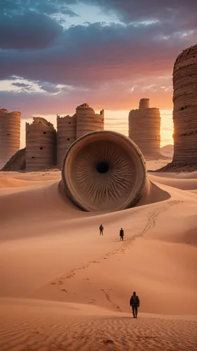 "In the movie Dune, desert scene, two people stand in front of a giant sandworm, with abandoned damaged buildings in the distance.",capture desert,admer dune,desert landscape,viewing dune,desert deser