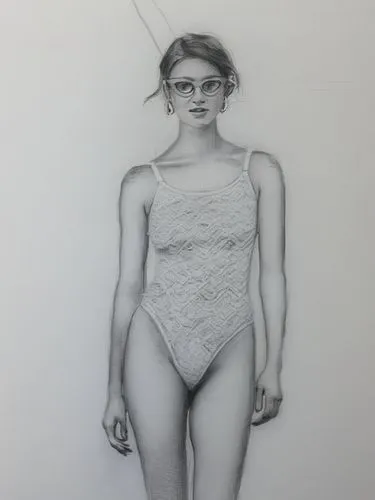 白色背景,pencil drawing of a woman in a bodysuit with glasses,pencil and paper,pencil,pencil art,silverpoint,muszaphar,proportions,Illustration,Black and White,Black and White 35