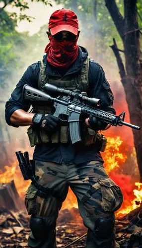 red army rifleman,eastern ukraine,red russian,airsoft,paintball equipment,fire background,dissipator,kalashnikov,free fire,smoke background,balaclava,airsoft gun,red smoke,grenadier,paintball,red,south russian ovcharka,mercenary,tactical,battlefield,Illustration,American Style,American Style 08