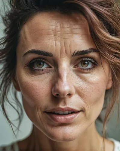 45 years old woman, day lightning, oiled skin, perfect eye blush, slightly open mouth, long eye lashes, detailed skin texture, RAW candid cinema, 16mm, color graded portra 400 film, remarkable color, 