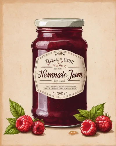 Create a vintage-inspired label for a bottle of homemade jam with a rustic handwritten font.,fruit jams,lingonberry jam,strawberry jam,guava jam,homemade preserves,currant jam,apple jam,jam additional