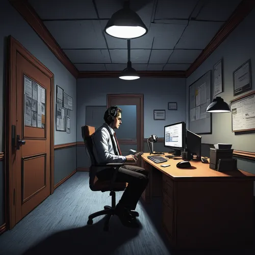 night administrator,man with a computer,game illustration,blur office background,modern office,computer room,visual effect lighting,secretary desk,office worker,consulting room,sci fiction illustration,in a working environment,digital compositing,working space,game art,desk,office desk,office,computer workstation,animator,Illustration,Realistic Fantasy,Realistic Fantasy 25