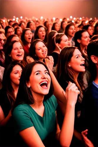 Concert audience, applause sound effect, crowded theater, cheering people, raised hands, spotlights, dimmed lights, excited faces, open mouths, clapping hands, energetic atmosphere, warm color tone, s