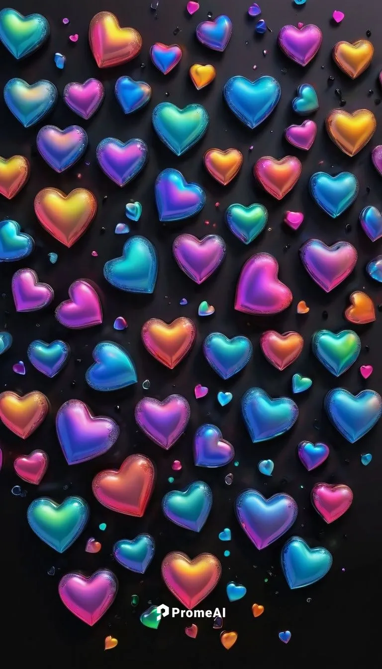 3D vivid iridescent colored hearts on a black background with small black water droplets,neon valentine hearts,heart background,colorful heart,painted hearts,glitter hearts,puffy hearts,bokeh hearts,v