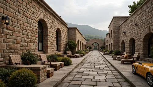 Ancient stone walls, rustic brick facades, modern masonry techniques, innovative bonding patterns, textured stone surfaces, irregular block shapes, earthy color palette, natural light reflections, amb