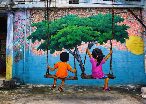 wall painting,girl with tree,by chaitanya k,mural,bodhi tree,urban street art,street artists,street art,painted block wall,children playing,colorful tree of life,urban art,orange tree,children play,girl and boy outdoor,chennai,streetart,happy children playing in the forest,graffiti art,jaggery tree,Illustration,Children,Children 03