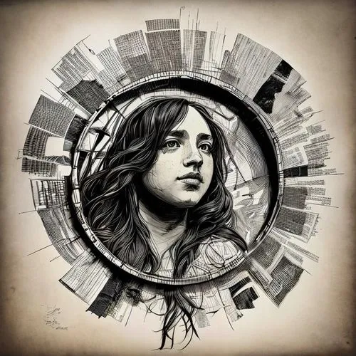 1girl, full body, solo, long hair, line art, ,leonardo da vinci,john lennon,leonardo devinci,queen cage,mick,gyro,vitruvian man,john-lennon-wall,joan of arc,hedwig,tambourine,raphael,vinci,boho art,pe