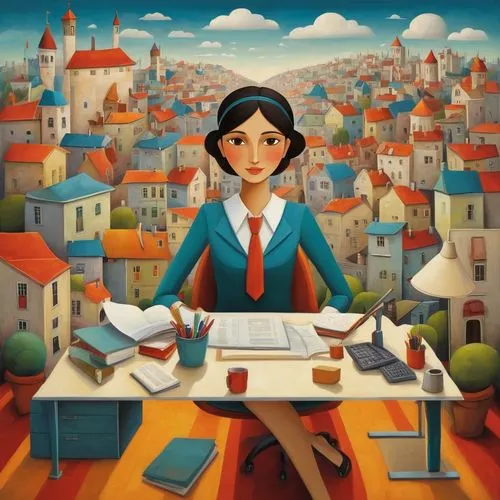 girl studying,girl at the computer,miniaturist,secretarial,woman at cafe,secretaria,Art,Artistic Painting,Artistic Painting 29