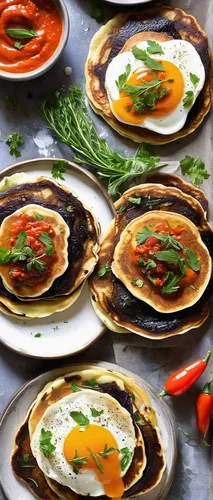 Soft savory pancakes of roasted aubergine, onion marmalade and summer herbs, barely held together with a whisper of flour and eggs, and served with a smear of sweet red pepper sauce. Make-ahead steps 