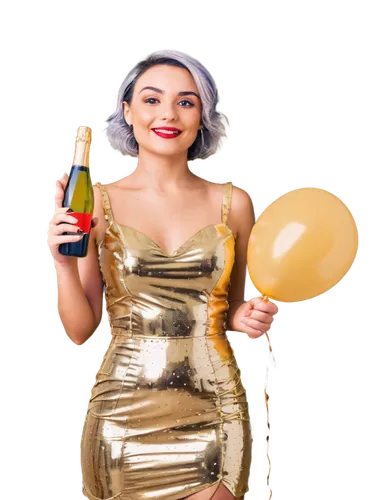 Happy girl, New Year's Eve, sparkly dress, glittery hair accessories, bold red lipstick, festive makeup, holding champagne bottle and glass, confetti around, balloons in background, 2024 banner, golde