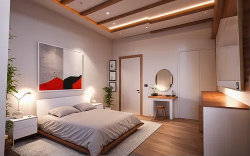 wood doors are bedroom doors
exposed metal trusses ceiling
concrete floor
tv and dresses on right side
abstract artwork above bed,modern room,loft,3d rendering,bedroom,guest room,smart home,modern dec