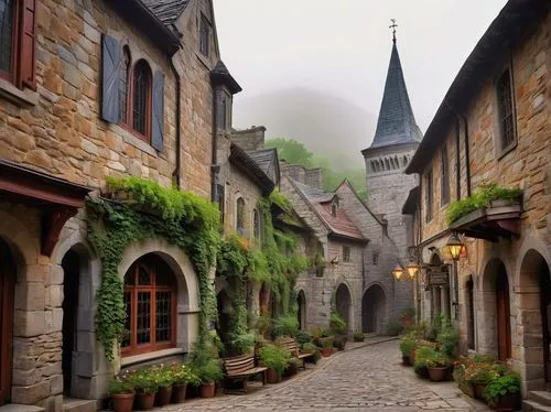 Medieval-inspired Middlebury architecture, grandiose stone buildings, Gothic spires, intricately carved wooden doors, stained glass windows, ornate facades, cobblestone streets, misty morning atmosphe