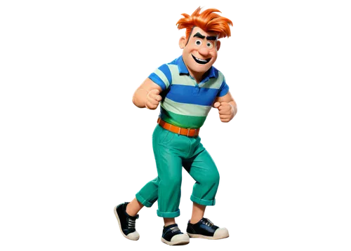 Fred Flintstone, caveman, orange hair, black eyes, white teeth, iconic "yabba dabba doo" expression, green and purple striped shirt, blue pants, feet bare, holding club, standing with both legs apart,