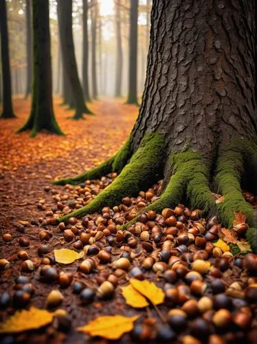 Autumn forest floor, scattered acorns, fallen leaves, rustic brown colors, natural texture, detailed trees, misty atmosphere, warm sunlight filtering through branches, shallow depth of field, vibrant 