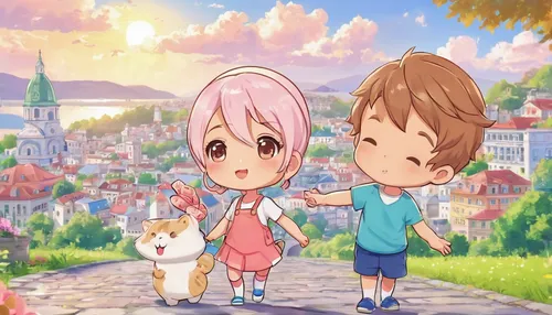 kawaii children,girl and boy outdoor,studio ghibli,hiyayakko,cute cartoon image,children's background,anime cartoon,nagasaki,pink family,little boy and girl,together and happy,luka,kawaii,stroll,hand in hand,toori,cute cartoon character,strolling,boy and girl,chibi children,Illustration,Japanese style,Japanese Style 01