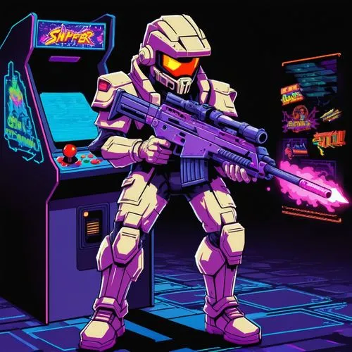 Chaos made humanoid elite sniper, game character, pixel art, chibi, artcore style, male, 1,95 height, vaporwave space background, year 3570 Railgun sniper rifle,arcade game,arcade games,turbographx-16