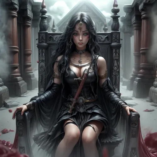 A young Lady whose Hair is streaming in the wind,this is a fantasy lady sitting in an elaborate chair,gothic woman,demoness,hecate,hekate,gothic portrait,vampire woman