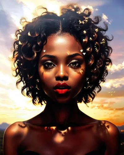 nude Beautiful nigerian girl, full dark curly hair, big dark almond eyes, full red lips, misty sky,woman with star decorations on her nose posing for picture,african woman,sarafina,afrofuturism,nzinga