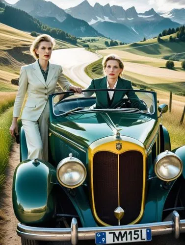 German politician Alice Weidel dominates the action. She drives through a green Swiss meadow landscape with her pretty female partner in a valuable vintage car whose dark green paintwork reflects the 