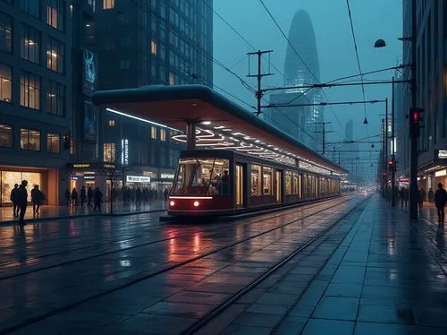 Modern tram station, international style, sleek lines, minimal ornamentation, rectangular forms, flat roofs, large glass surfaces, steel frames, urban cityscape, busy streets, pedestrians walking, tra