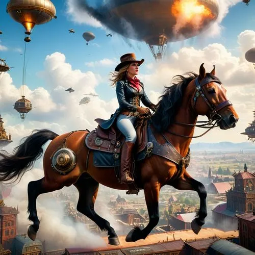 Ein Cowgirl das auf einem Pferd gemächlich durch eine Steampunk Metropole reitet und hin und wieder einige der Pasagier und Frachtzeppeline sowohl an den Landeplätzen am boden als auch jene die am him