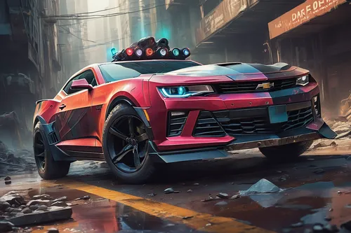 In a dystopian future, a group of rebels relies on a modified Camaro to carry out their daring missions.,chevrolet tracker,range rover evoque,audi e-tron,cartoon car,game car,crossover suv,lamborghini