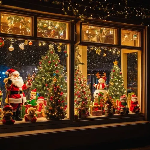 Christmas themed toy shop window, snowflakes gently falling outside, bright colorful lights illuminating the display, festive decorations, Santa Claus figurine, reindeer, snowman, Christmas tree with 