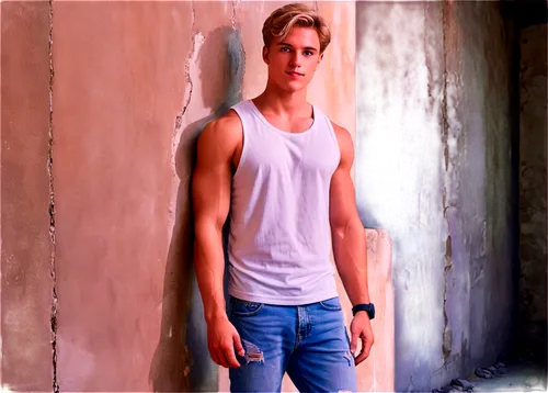 Muscular man, Shota, solo, (18yo), short blonde hair, blue eyes, gentle smile, dimples, white tank top, ripped jeans, sneakers, relaxed posture, leaning against wall, warm skin tone, soft lighting, sh