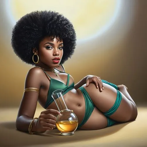 a black girl, afro girl, photorealistic art, a black girl, girl lying down, calm girl, photorealistic art.,a woman in a green bikini laying on the floor with an alcoholic drink,ikpe,african woman,afri