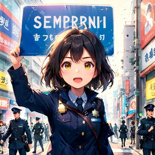  woman holding up a sign that says "Semprini" while a british police officer yells at  her.,a woman in uniform is holding up a sign,akiba,kumiko,akihabara,ikebukuro,peni,shibuya,Anime,Anime,Realistic