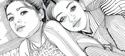 mom and daughter,hiyayakko,fashion illustration,kimjongilia,manga,two girls,mono line art,mono-line line art,coloring page,couple,comic halftone,pencils,line-art,two people,eyes line art,perfume,camer