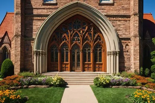 Vintage 1960s church, grandiose entrance, symmetrical façade, tall pointed arches, stained glass windows, ornate stone carvings, intricate wooden doors, rust-colored brick walls, sprawling lawn, vibra