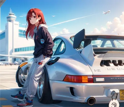 a wide body porsche in metalic silver finish,  a lovely lady with silky red hair, in baggy pants, and a baggy pullover,a girl leaning on the hood of a car,nissans,integra,crx,suzuka,wanganella,girl an