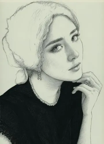 礼服，黑白,a pencil drawing of a girl with long blonde hair and wearing a necklace,farrokhzad,vintage drawing,yakimova,woman portrait,vintage female portrait,perugini,Illustration,Black and White,Black and