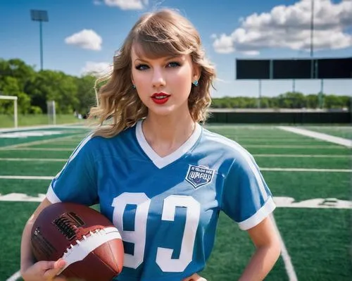 Taylor Swift, blonde hair, ponytail, casual makeup, athletic wear, sports jersey, denim shorts, sneakers, holding a football, standing on a green football field, sunny day, blue sky with a few white c