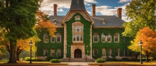 Penn State University architecture, old main building, historic landmark, brick facade, grand entrance, stone columns, ivy-covered walls, stained glass windows, intricately carved wooden doors, sprawl