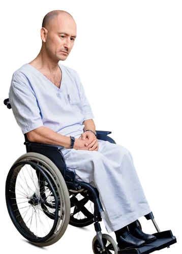 Cancer patient, middle-aged man, thinning hair, pale skin, dark circles under eyes, worn-out expression, hospital gown, IV tube attached to hand, wheelchair, solemn atmosphere, soft natural lighting, 