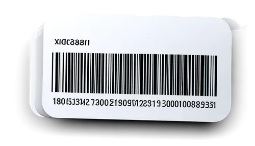 Small barcode sticker, white background, glossy surface, detailed lines, rectangular shape, rounded corners, shiny texture, 3/4 composition, close-up shot, soft focus, ambient light, realistic renderi