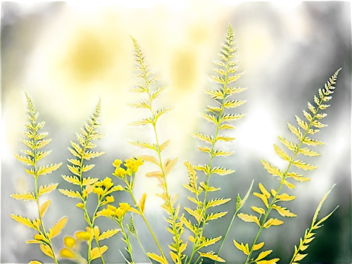 Ragweed in full bloom, yellow flowers, delicate petals, feathery texture, slender stems, vibrant green leaves, gentle swaying motion, warm sunlight, soft focus background, 3/4 composition, shallow dep