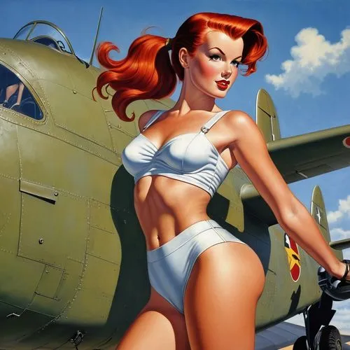 World war 2 nose art style, painted on bare sheet metal, A young woman, beautiful, red hair, ponytail, freckles, seductively clad, ,retro pin up girl,retro pin up girls,pin up girl,pinup girl,pin-up g