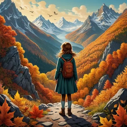 autumn background,autumn mountains,fall landscape,autumn landscape,mountain scene,children's background,Illustration,Retro,Retro 24