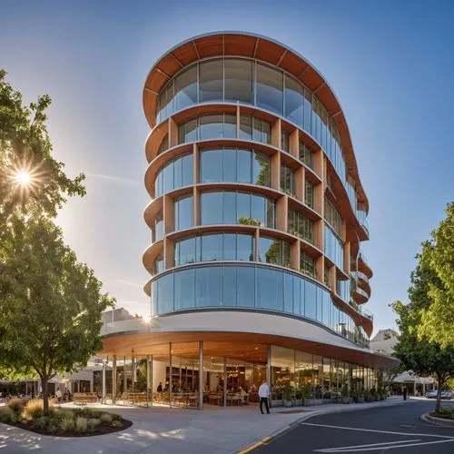 four stories, curve shape boutique luxury hotel in Healdsburg plaza with a rooftop cafe, Norman Foster,an office building with curved circular windows and a canopy,bundoora,tuggeranong,seidler,mediban